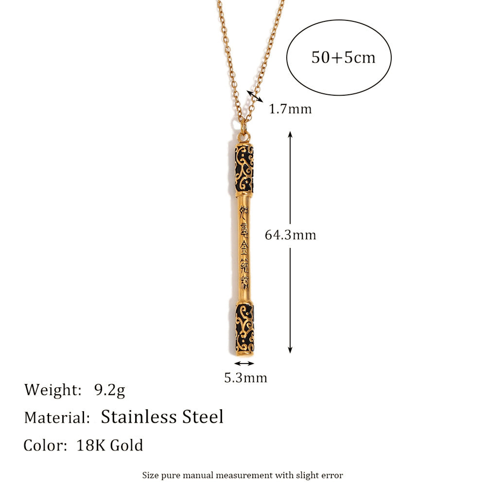 Minimalist Cartoon Character Black Wukong Golden Hoop Staff Pendant Necklace in Stainless Steel with 18K Gold Plating