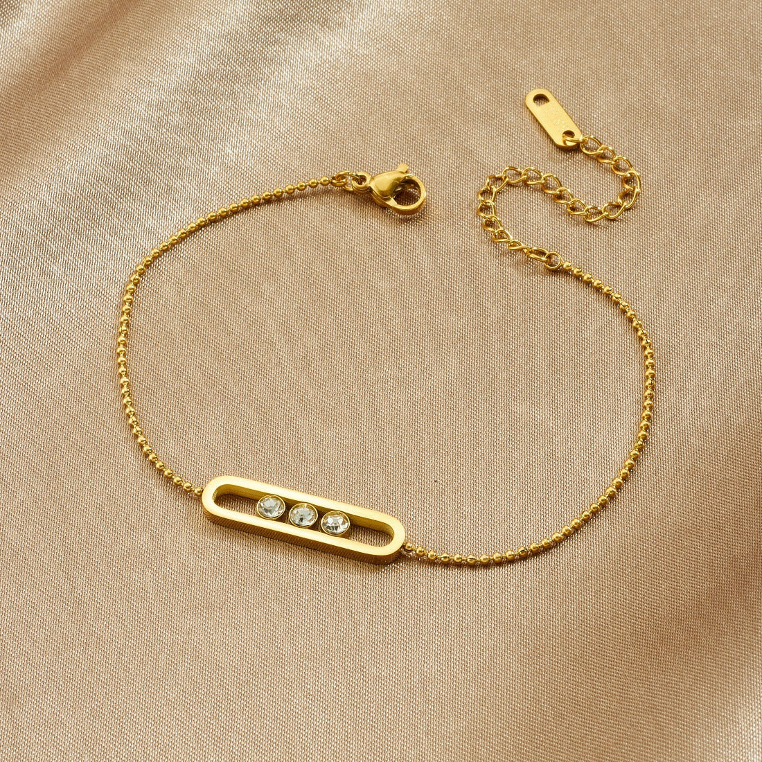 Minimalist Gold Plated Geometric Rhinestone Bar Stainless Steel Ball Chain Bracelet for Women