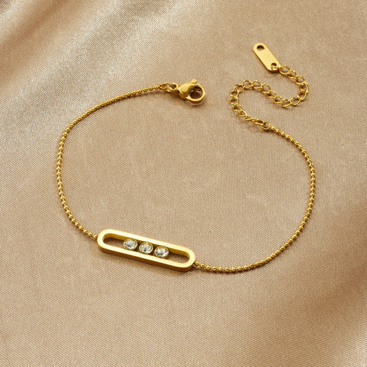Minimalist Gold Plated Geometric Rhinestone Bar Stainless Steel Ball Chain Bracelet for Women