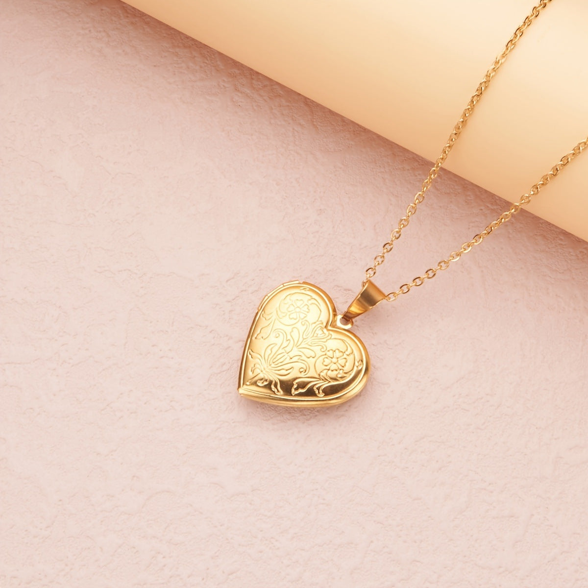 Engraved Floral Heart-Shaped Opening Photo Frame Necklace in Stainless Steel with Gold Plating