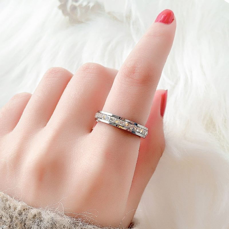 Minimalist Square Titanium Steel Ring with Full Rhinestone Inlay for Women and Men Unisex Fashion Band