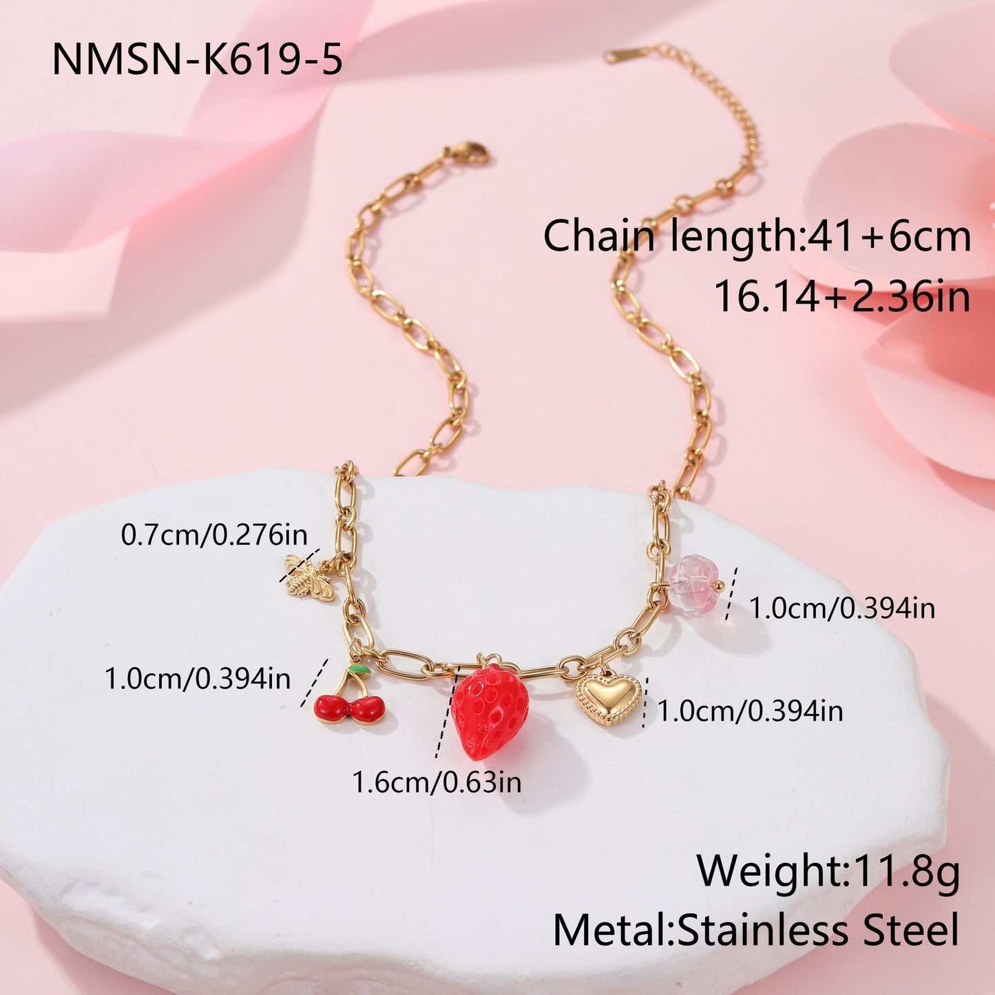 Collana con Pendente in Acciaio Inossidabile a Forma di Frutta alla Moda con Finitura Placcata per Donne, Catena con Ciondolo a Limone, Fragola e Uva