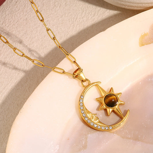 Collar con Colgante Vintage de Estrella y Luna para Mujer, Acero Inoxidable con Baño de Oro de 18K, Diseño Celestial Minimalista