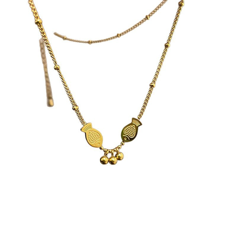 Vintage Titanium Steel Plated Double Fish Pendant Necklace for Women
