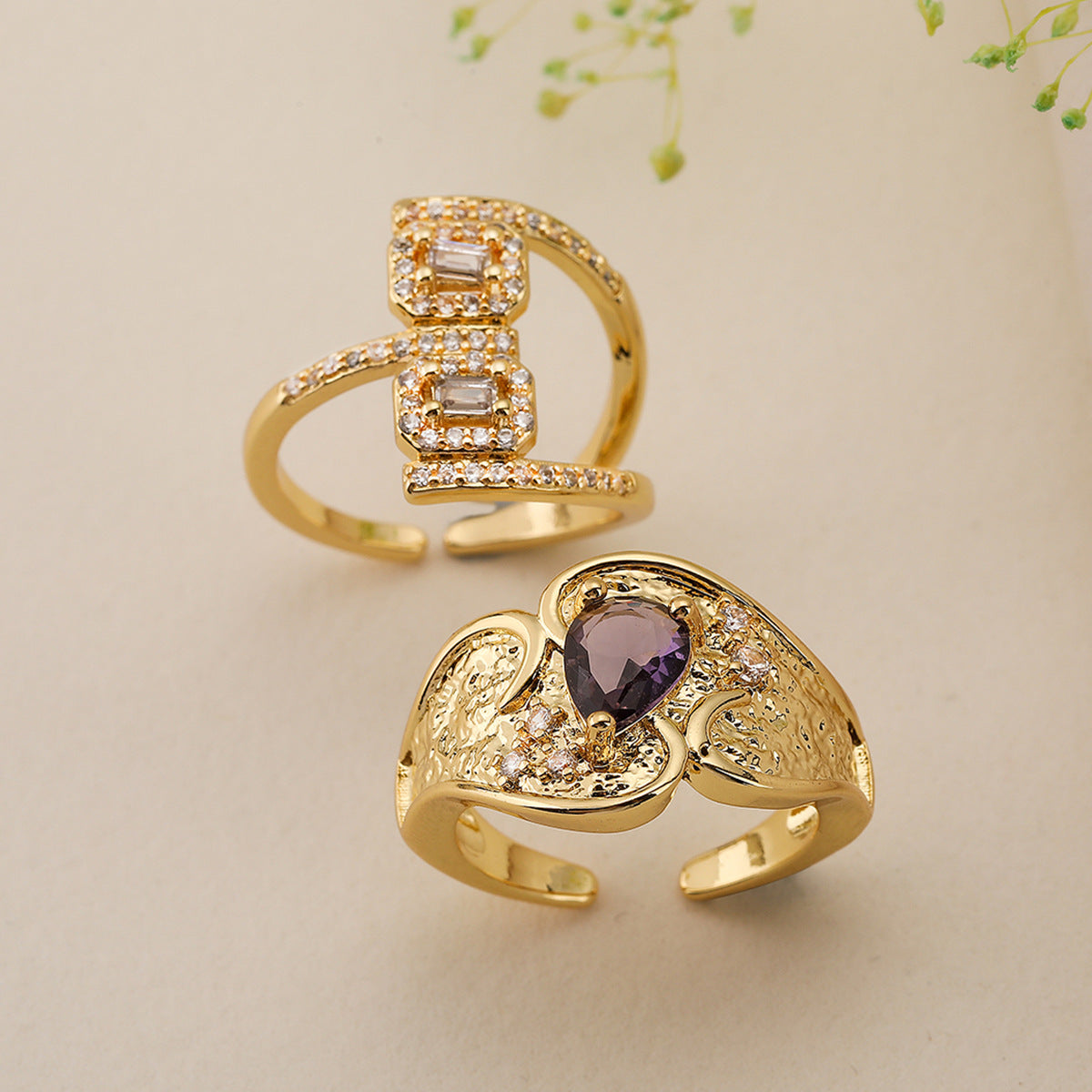 Minimalist Irregular Geometric Copper Ring with Gold Plating and Zircon Inlay for Women