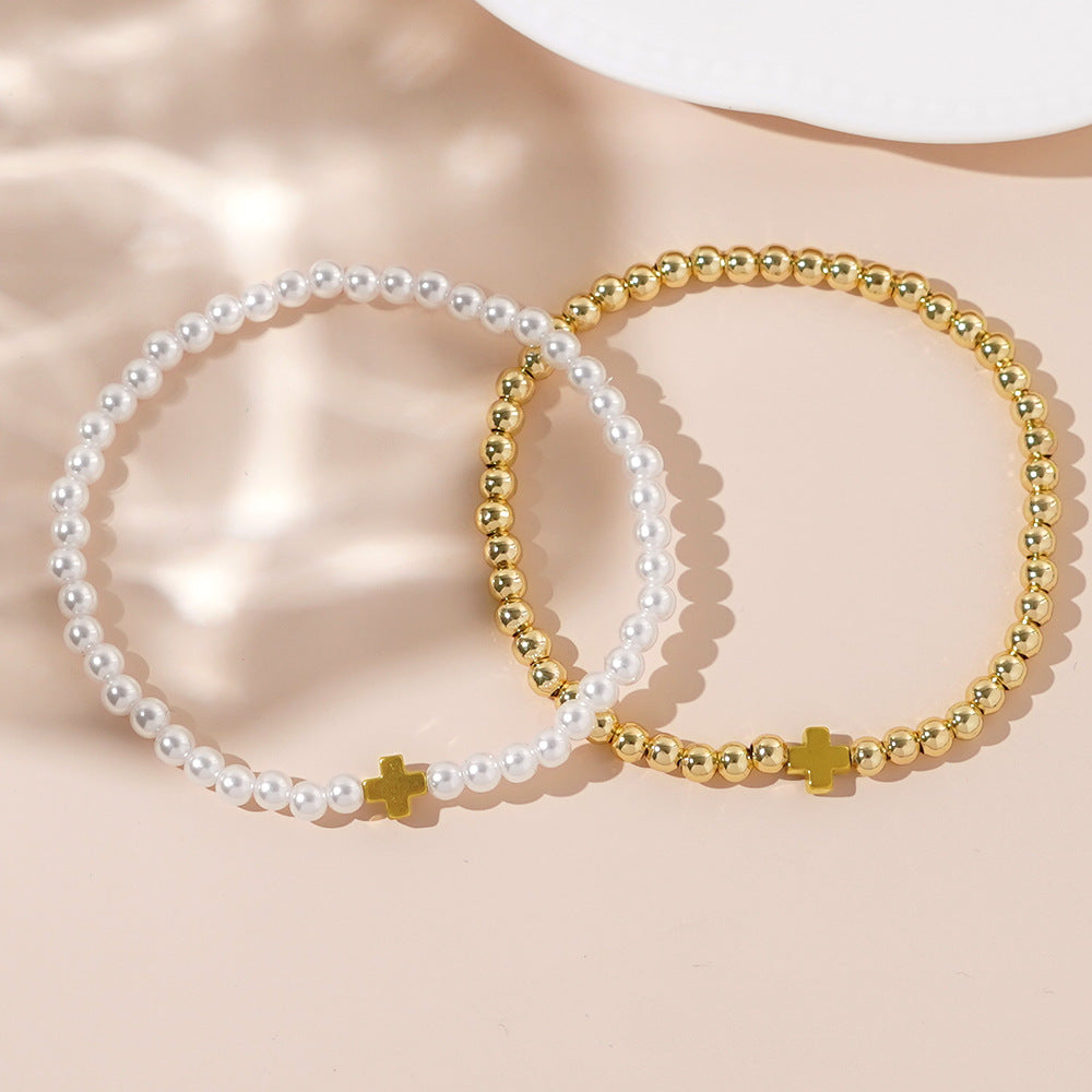Luxury Elegant Geometric Cross Imitation Pearl Brass Bracelet Set for Women