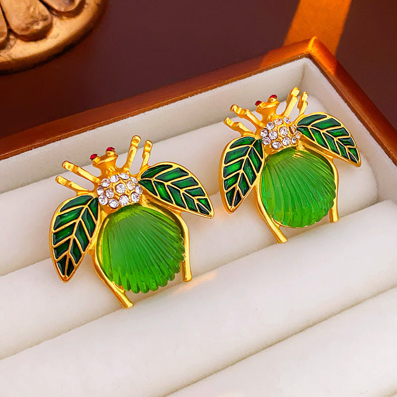 Vintage Floral Geometric Earrings with Rhinestone Inlay and Enamel Finish in Brass with Steel Posts for Women
