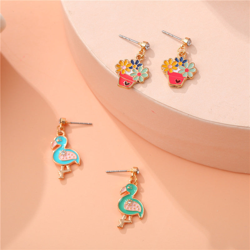Cartoon Floral Bird Pendant Earrings for Girls Alloy Enamel Dangle Earrings Sweet Princess Style