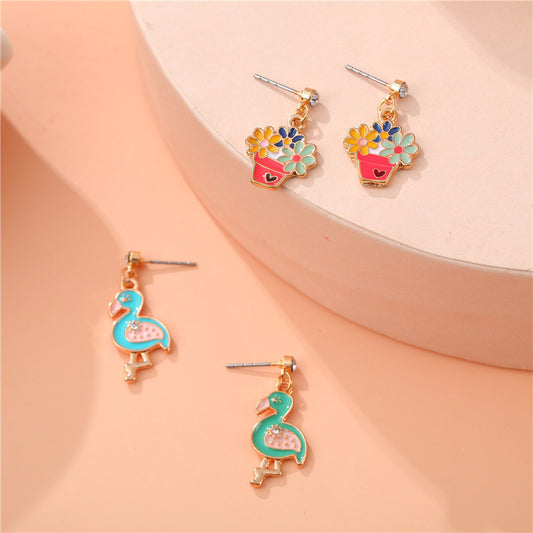 Cartoon Floral Bird Pendant Earrings for Girls Alloy Enamel Dangle Earrings Sweet Princess Style
