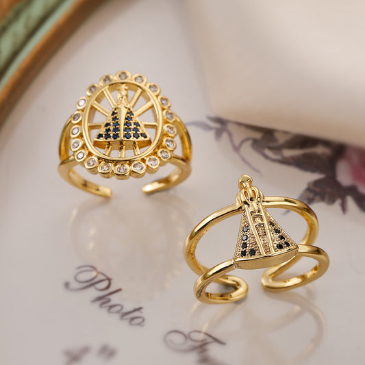 Anillo minimalista geométrico de cobre con baño de oro y micro pavé de circonitas para mujer