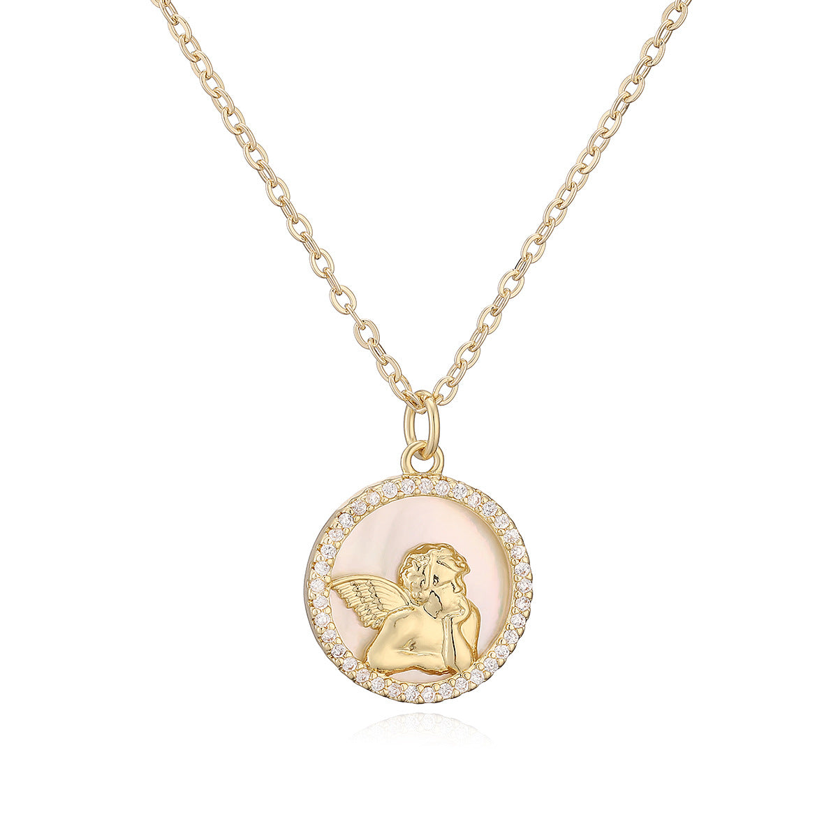 Minimalist 18K Gold Plated Brass Round Shell Flower Angel Pendant Necklace with Cubic Zirconia