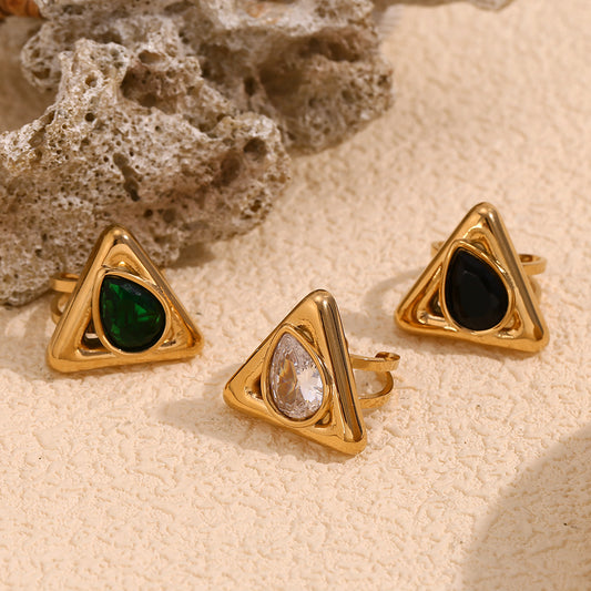 Fashionable Geometric Stainless Steel Ring with 18K Gold Plating and Teardrop Rhinestone Accents for Women