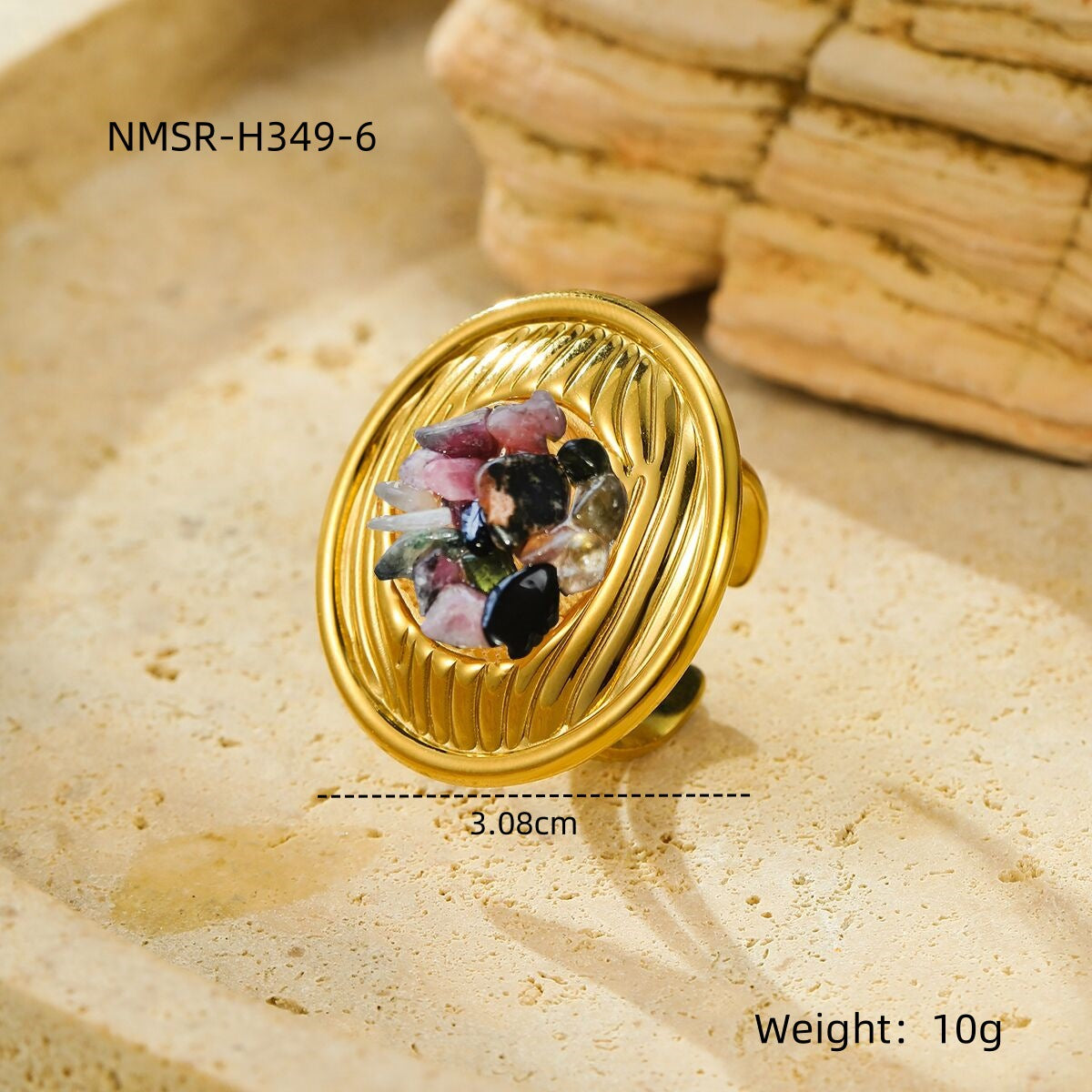 Light Luxury Geometric Textured Titanium Steel Ring with Natural Stone Inlay for Women