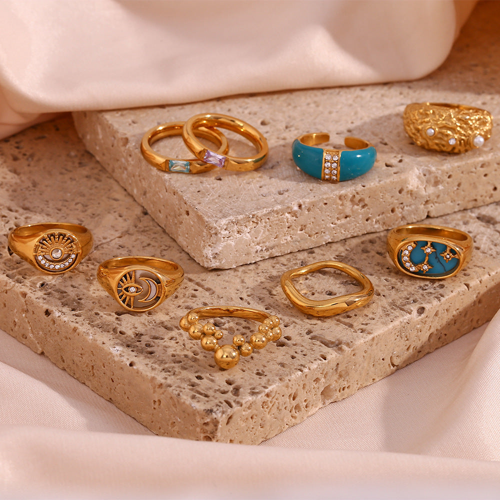 Vintage-Style Geometric Titanium Steel Ring Set for Women with 18K Gold Plating and Enamel Finish