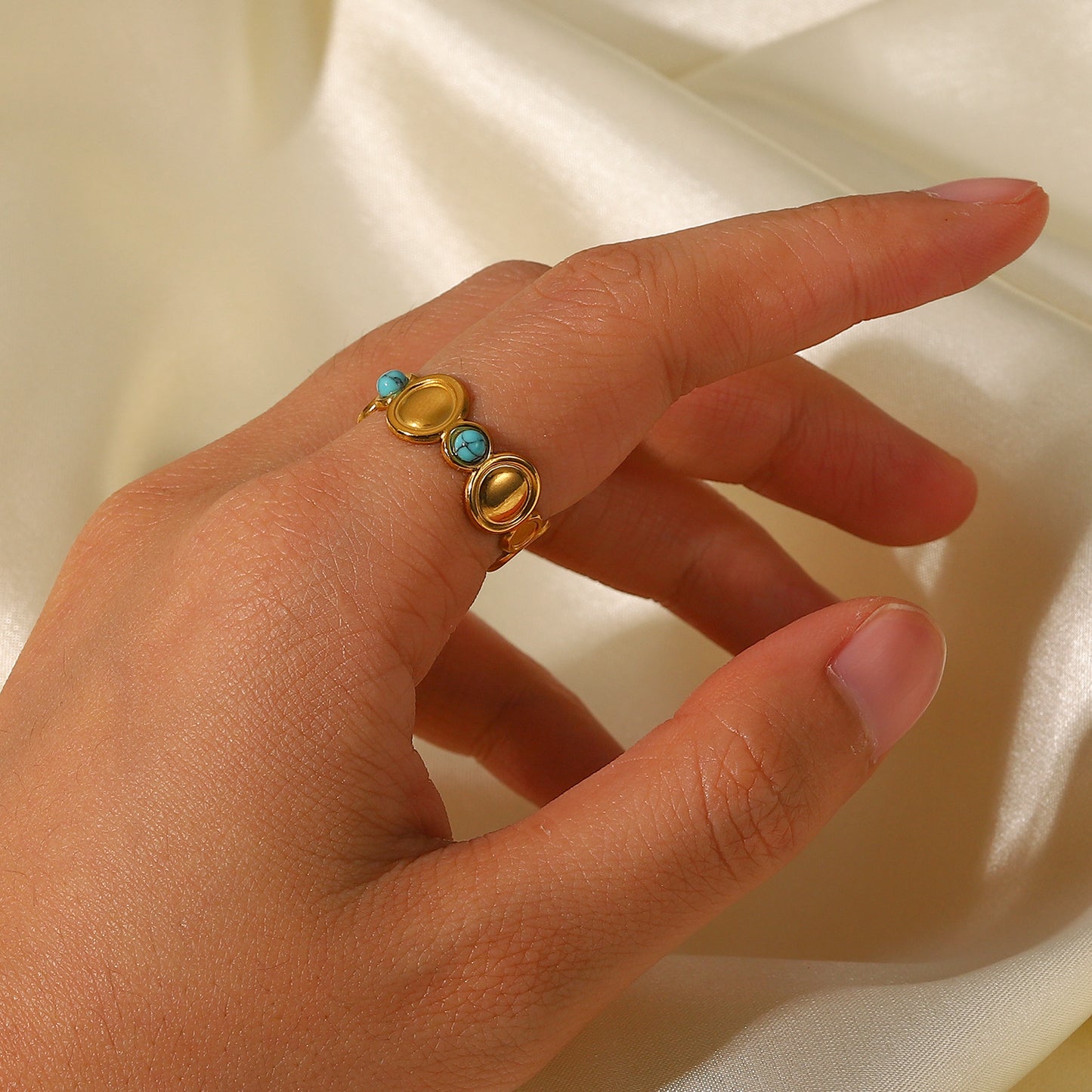 Anillo de acero inoxidable geométrico bohemio con incrustaciones de turquesa natural para mujer