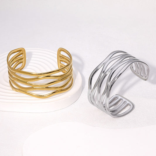Minimalist Irregular Open Adjustable Stainless Steel Bracelet with 18K Gold Plating