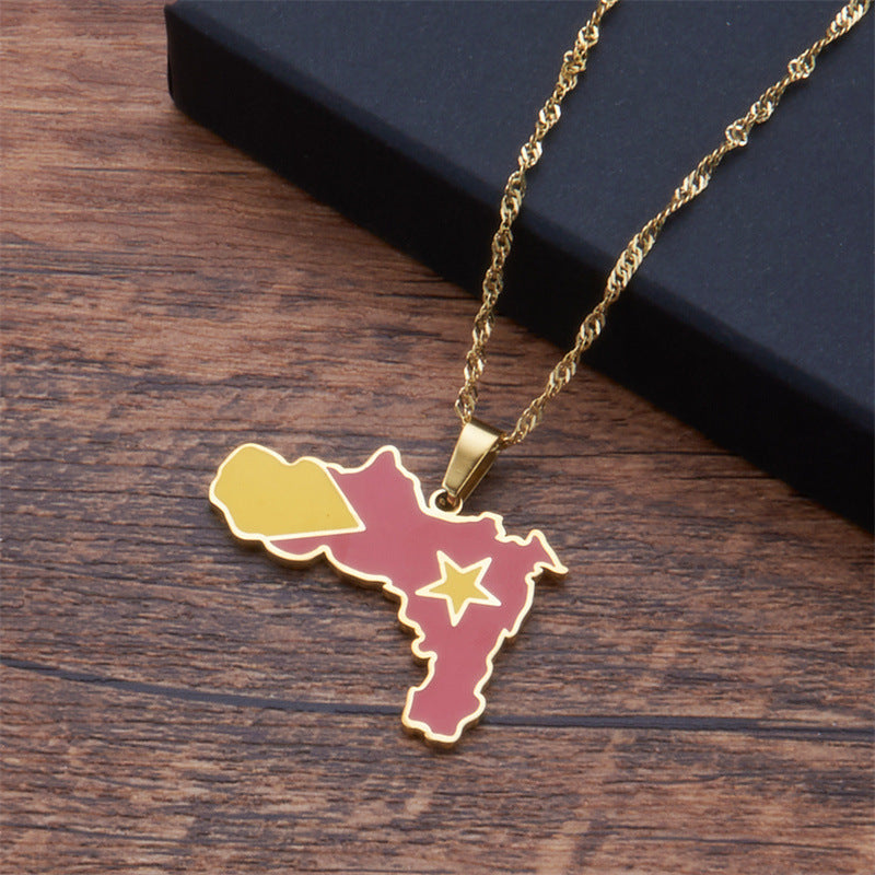 Minimalist Geometric Ethiopian Tigray Region Map Pendant Necklace for Women in Stainless Steel with Plated Titanium Steel and O-Chain