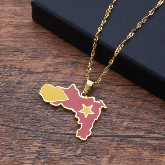 Minimalist Geometric Ethiopian Tigray Region Map Pendant Necklace for Women in Stainless Steel with Plated Titanium Steel and O-Chain