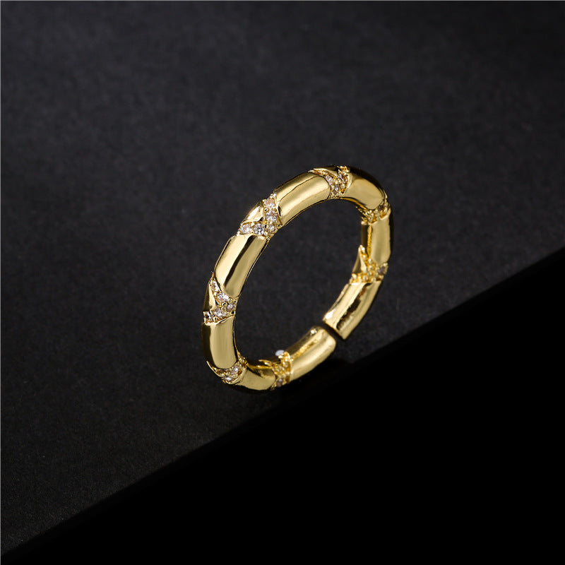 18K Gold Plated Geometric Brass Ring with Micro-Inlaid Cubic Zirconia for Women