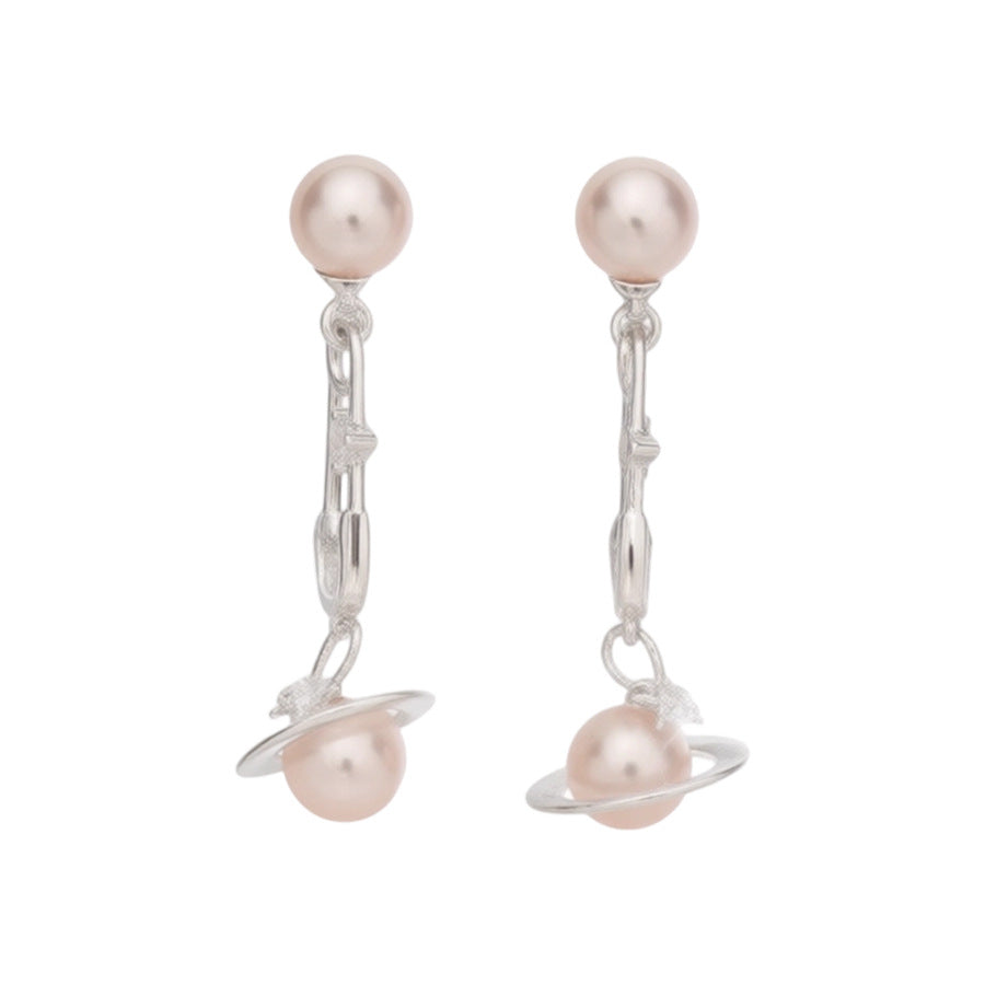 Eleganti Orecchini a Perno Saturno Stile Francese con Perla Simulato e Accenti di Zirconia, Perni in Acciaio Elettroplaccato, Design a Stella per Donna
