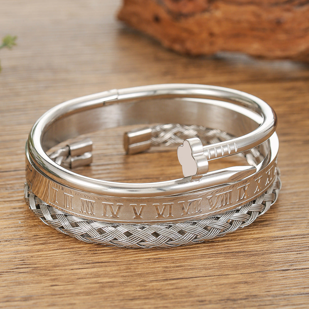 Punk Geometric Round Letter Titanium Steel Plated Open Cuff Bracelet Set for Unisex