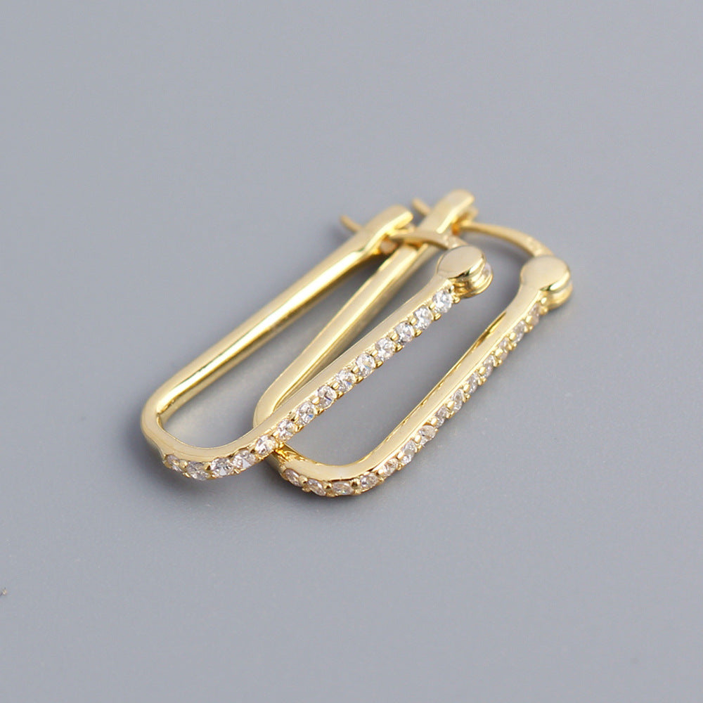 Minimalist 925 Sterling Silver Geometric Rectangle Inlaid Diamond Hoop Earrings for Women
