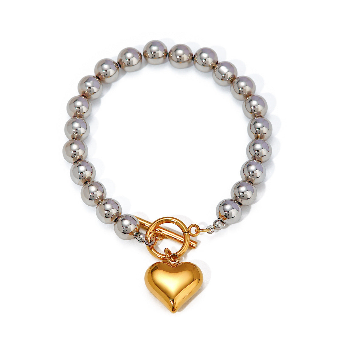 Minimalist 18K Gold Plated Stainless Steel Heart Pendant Beaded Bracelet Unisex