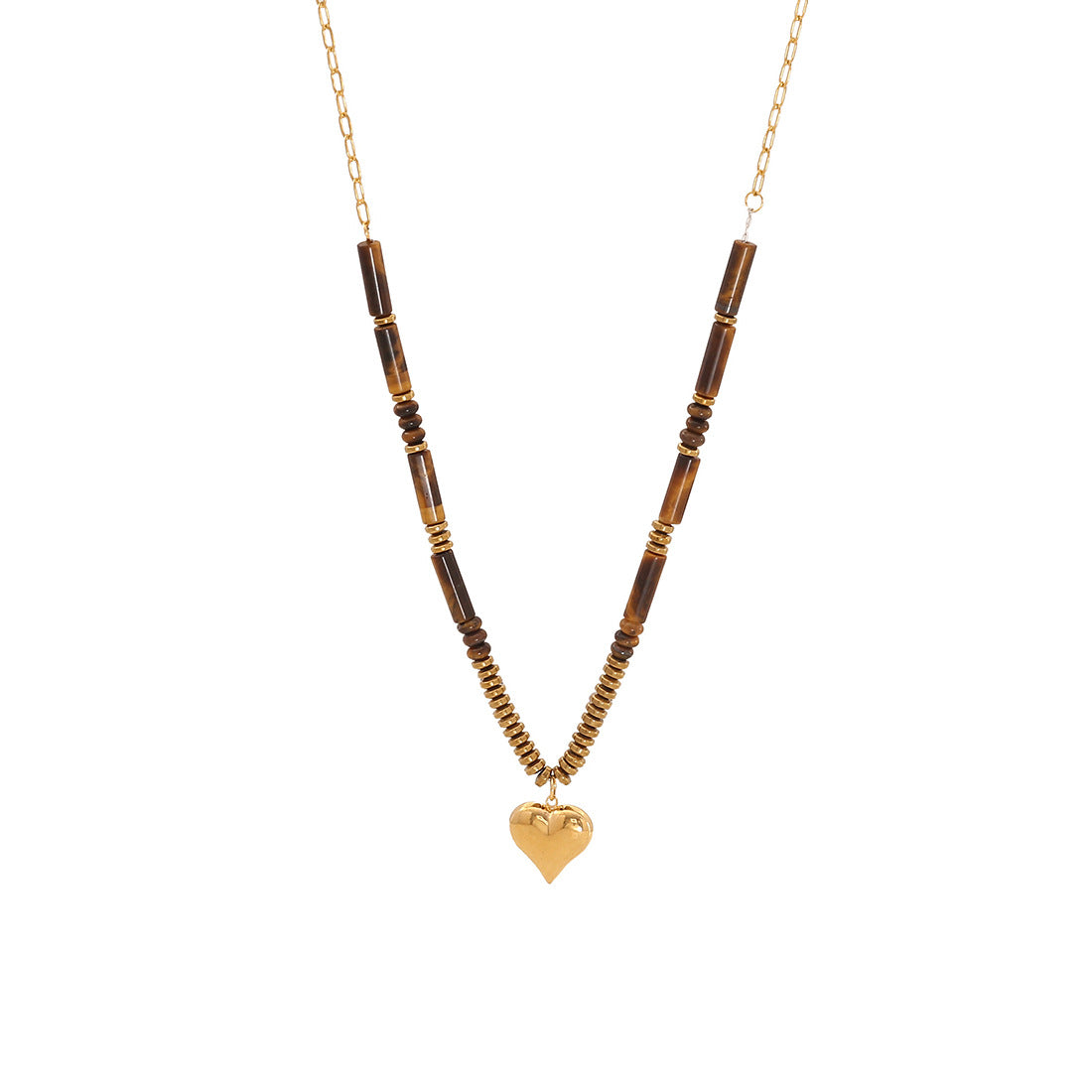 Rustic Vintage Style Heart-Shaped Stainless Steel Beaded Necklace with Double Layer Chain