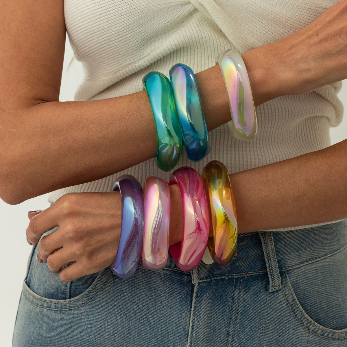 Sweet Geometric Round Resin Plated Bangle Bracelet Gradient Flash Transparent Cuff