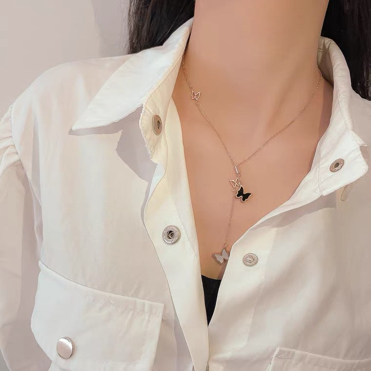 Adjustable Black and White Double-Sided Butterfly Pendant Necklace for Women in Titanium Steel with O-Chain Minimalist Sweet Elegant Clavicle Design