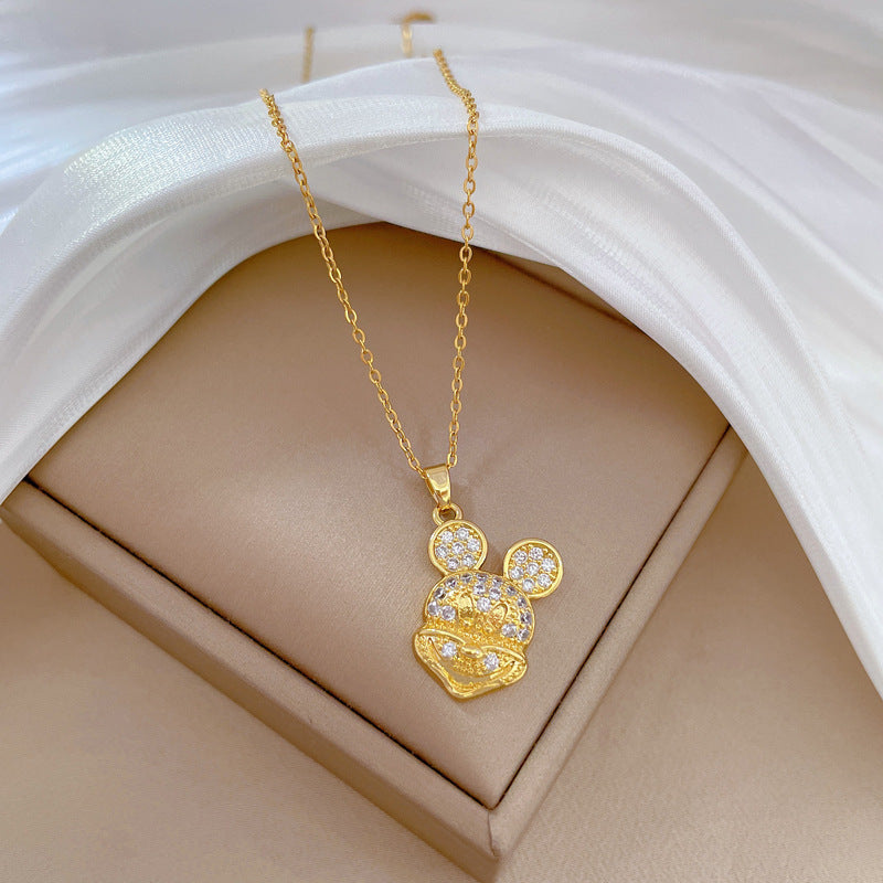 Collana con Pendente a Forma di Topo Geometrico Minimalista in Acciaio al Titanio con Dettagli in Strass per Donna e Uomo