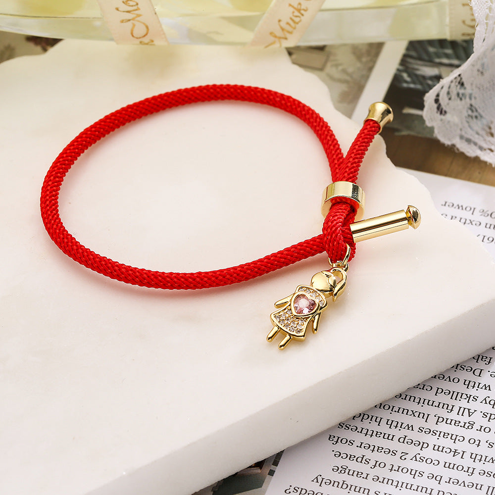 Minimalist Heart-Shaped Copper Plated Gold Zirconia Bracelet for Women with Adjustable Cord