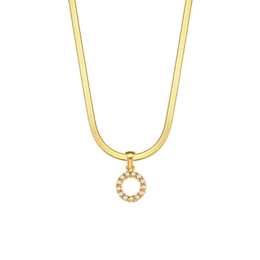 Fashionable Letter Pendant Necklace for Women Stainless Steel Plated 18K Gold Flat Snake Chain with Pearl Accent