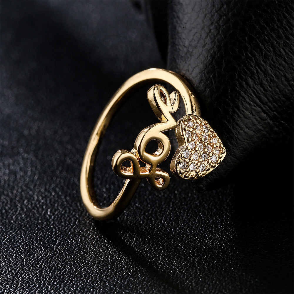 Elegant 18K Gold Plated Heart Geometric Brass Ring with Micro-Inlaid Cubic Zirconia for Women