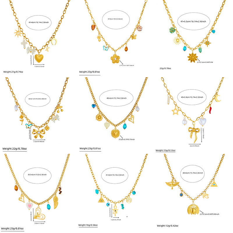 Vintage Elegant Heart Bow Cross Floral Stainless Steel Plated Necklace for Women