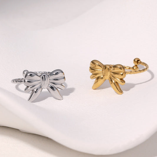 Minimalist 18K Gold Plated Stainless Steel Bow Knot Open Ring for Women