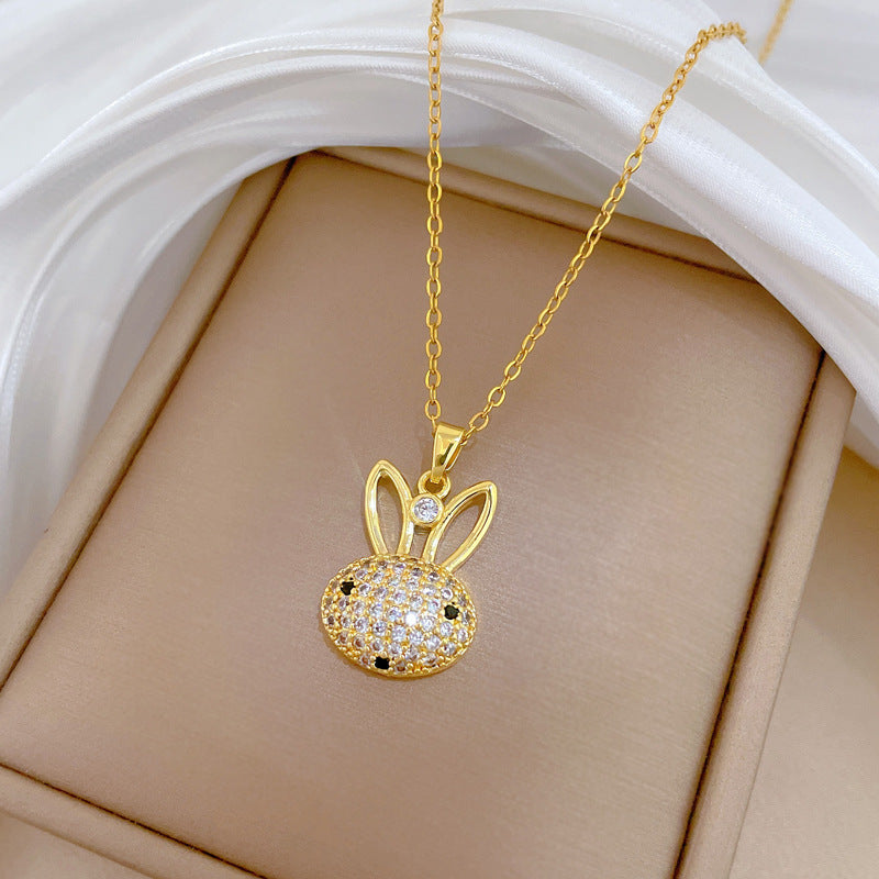 Sweet Luxury Cartoon Moon Geometric Rhinestone Pendant Titanium Steel Necklace for Unisex