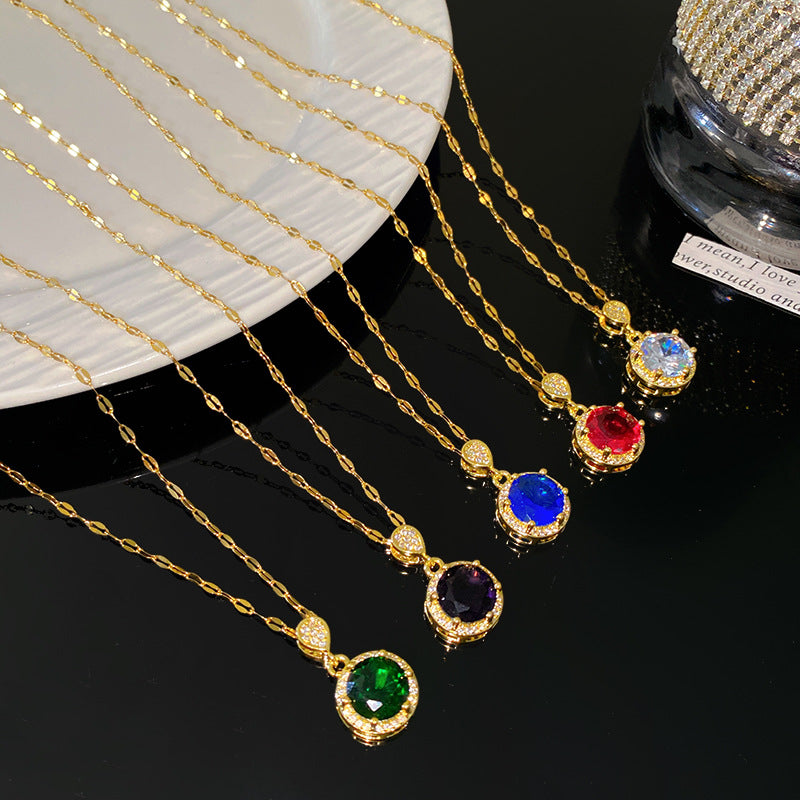 Sweet Elegant Round Geometric Micro-Inlaid Colorful Cubic Zirconia Brass Pendant Titanium Steel Necklace for Women and Men