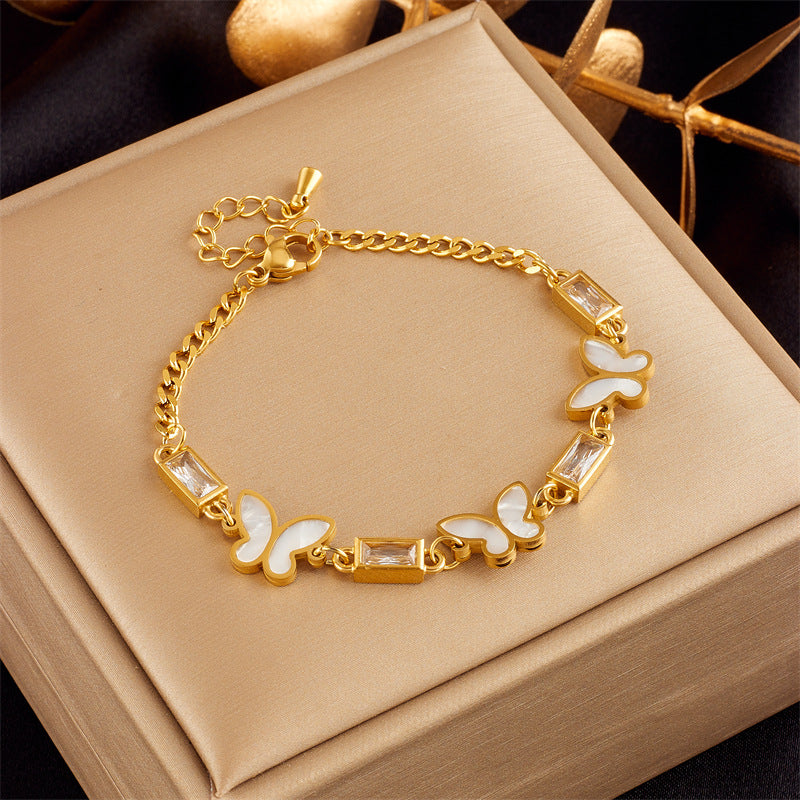 Elegant Minimalist Butterfly Pearl Floral Rhinestone-Embellished Gold-Plated Stainless Steel Bracelet for Women