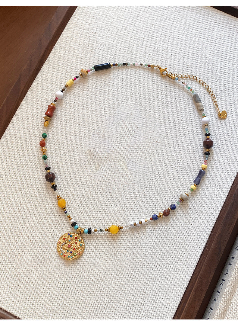 Collana con Ciondolo Vintage a Occhio di Tigre Geometrico Placcata Oro 18K Lunga per Maglione da Donna
