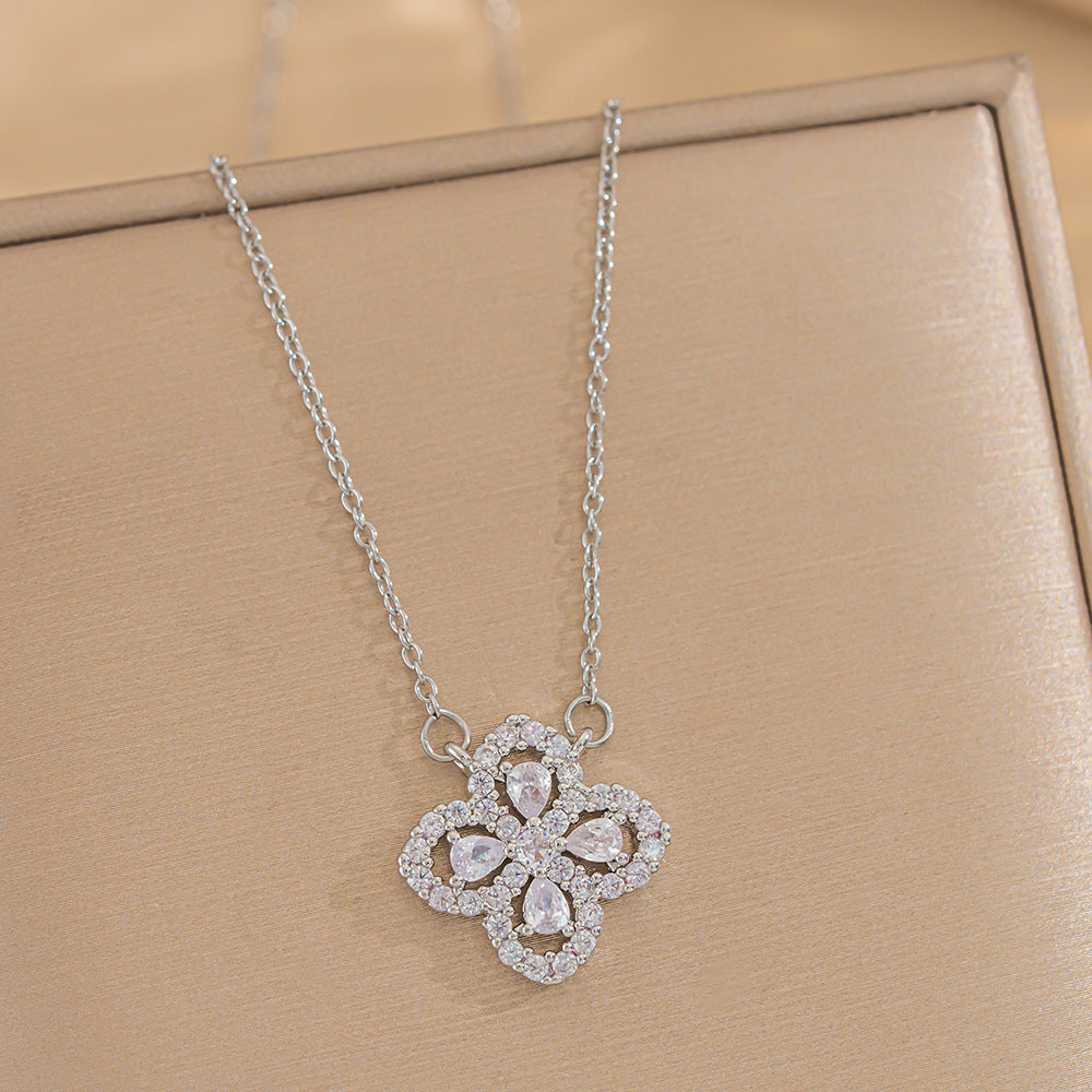 Minimalist Floral Lucky Flower Pendant Necklace for Women in Stainless Steel with Micro-Pave Zirconia on O-Chain