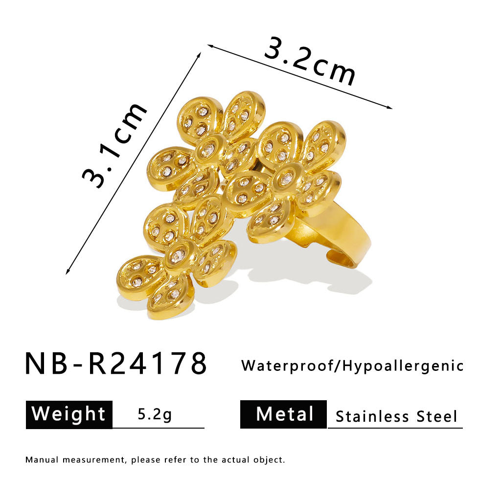 Vintage French Style Five-Petal Flower Shaped Stainless Steel Ring with Micro-Pave Zirconia and Plated Finish for Women