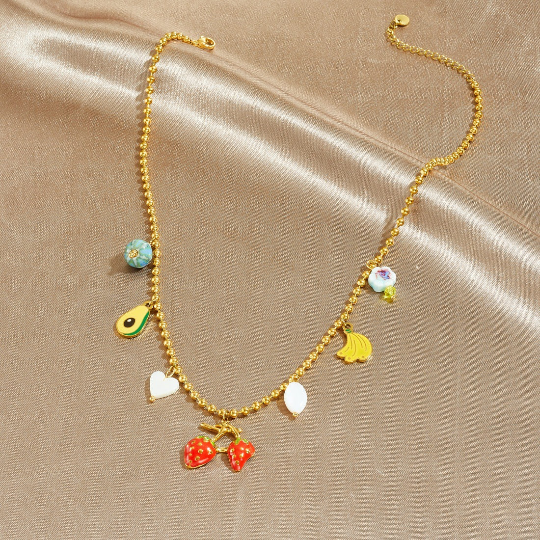 Cartoon Drip Oil Fruit Pendant Stainless Steel Necklace Ball Chain Strawberry Banana Avocado
