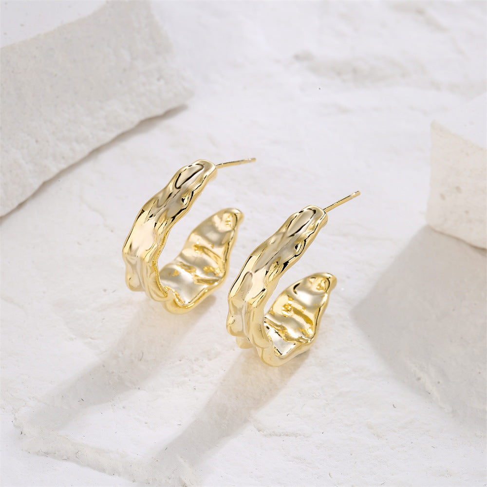 Orecchini a Onda Geometrica Irregolare in Rame con Placcatura in Oro 14K e Perni in Argento Sterling 925, Orecchini di Lusso alla Moda da Donna
