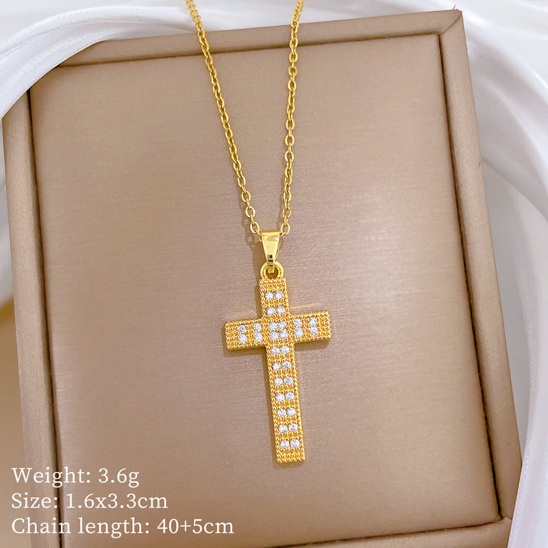 Sweet Luxury Cross Cubic Zirconia Titanium Steel Necklace for Unisex