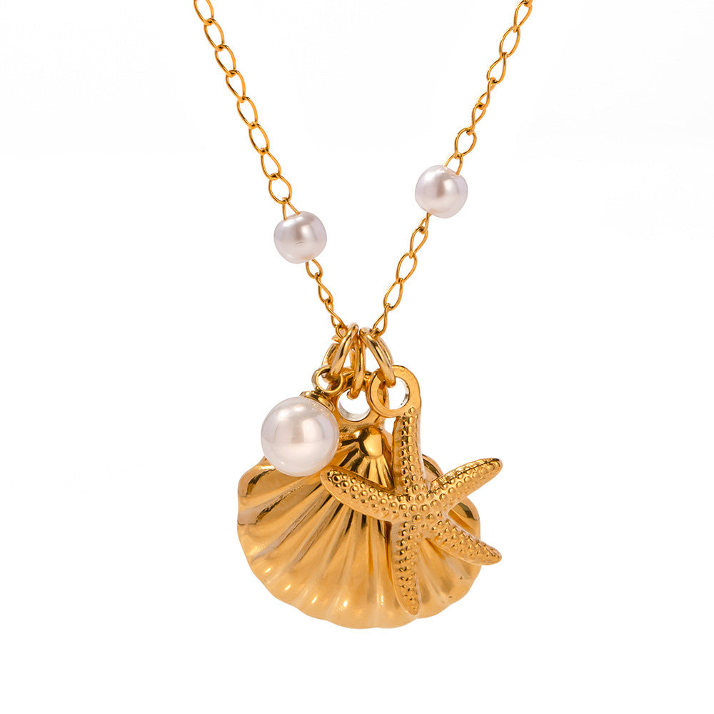 Collana minimalista con stella marina e conchiglia geometrica in acciaio inossidabile con ciondolo in acciaio al titanio e finitura placcata per donna