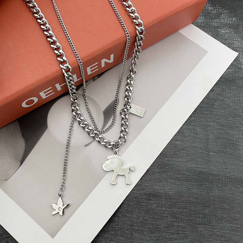 Minimalist Geometric Horse Pendant Necklace for Women Titanium Steel Water Wave Chain
