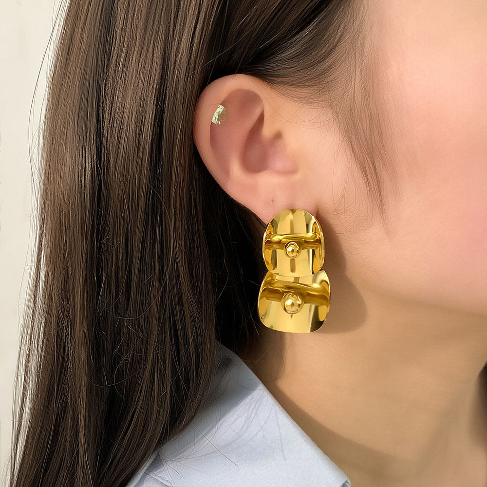 Orecchini da donna geometrici a doppio strato ovali oversize curvi in acciaio inossidabile con finitura in oro 18 carati placcato sottovuoto