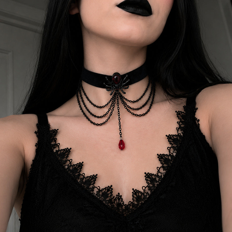 Punk Gothic Spider Blood Drop Crystal Pendant Zinc Alloy Choker Necklace for Women