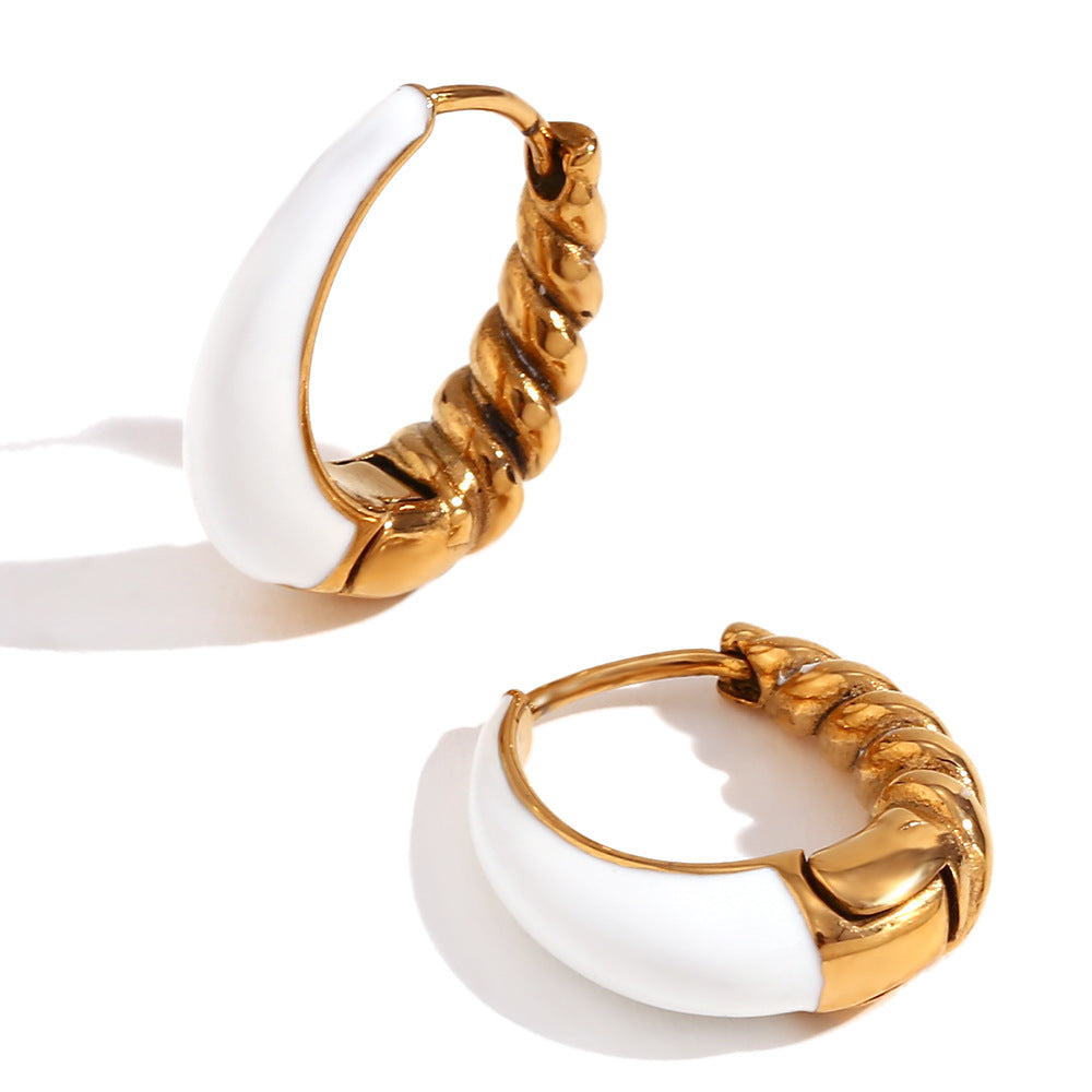 Minimalist Titanium Steel Earrings with 18K Gold Plating, Pear-Shaped Enamel Threaded Studs for Women